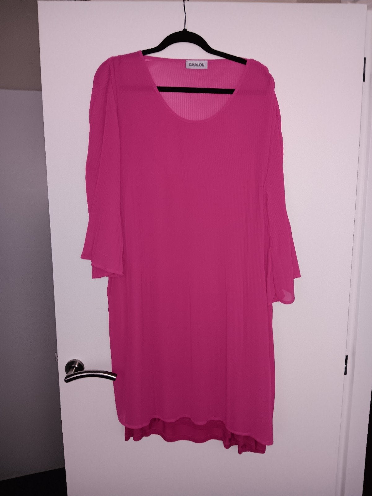 Te Koop: CHALOU Tuniek,  mt 46. Roze plissé.  (J-76), Kleding | Dames, Grote Maten, Blouse of Tuniek, Chalou, Ophalen of Verzenden