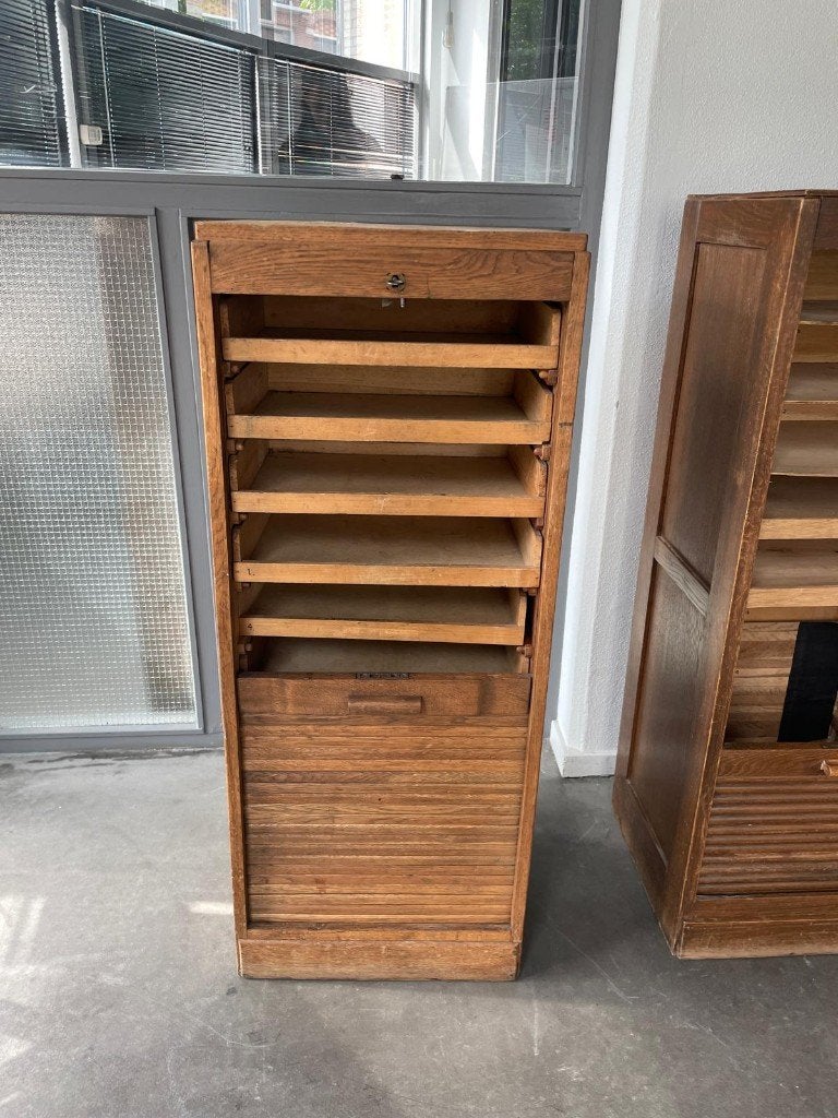Vintage houten rolluik kast, Ophalen, Minder dan 50 cm, Gebruikt, 100 tot 150 cm