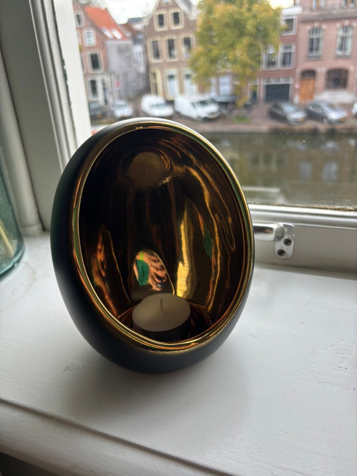 Windlicht ei in zwart/goud, Huis en Inrichting, Overige materialen, Ophalen of Verzenden, Zo goed als nieuw, Kandelaar