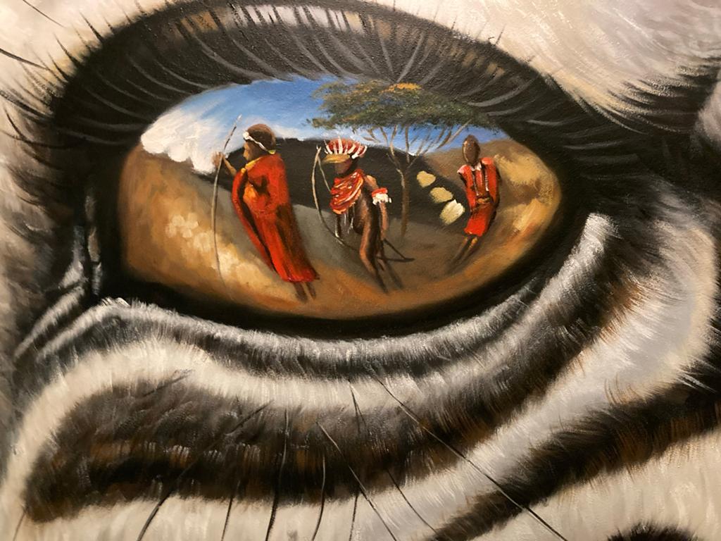 Uniek Schilderij: Zebraoog met Afrikaanse Scène 120x120cm, Ophalen of Verzenden