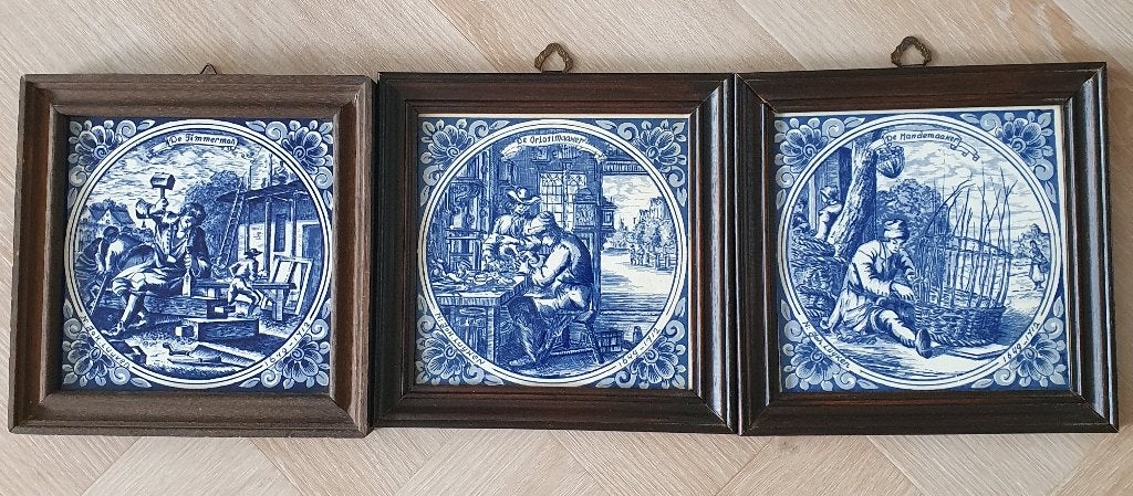 Set van 3 Delfts Blauwe siertegels - Oud Holandse Ambachten, Ophalen of Verzenden