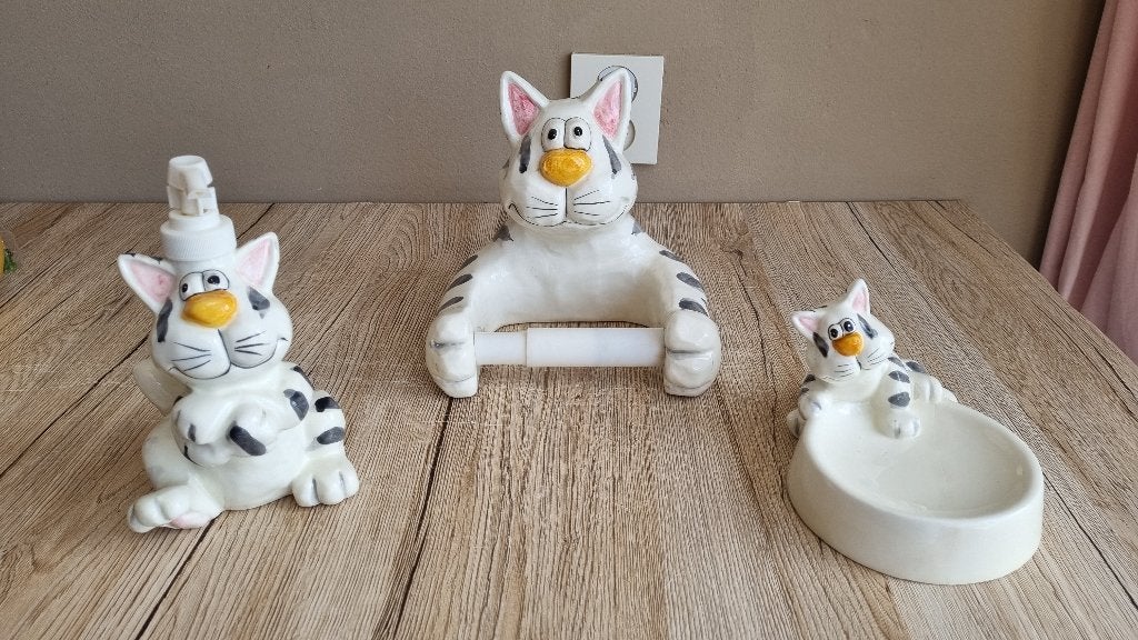 Prachtige Vintage Toilet - Badkamer Set Kat Poes Keramiek, Toilet-accessoire, Overige merken, Zo goed als nieuw, Meerkleurig