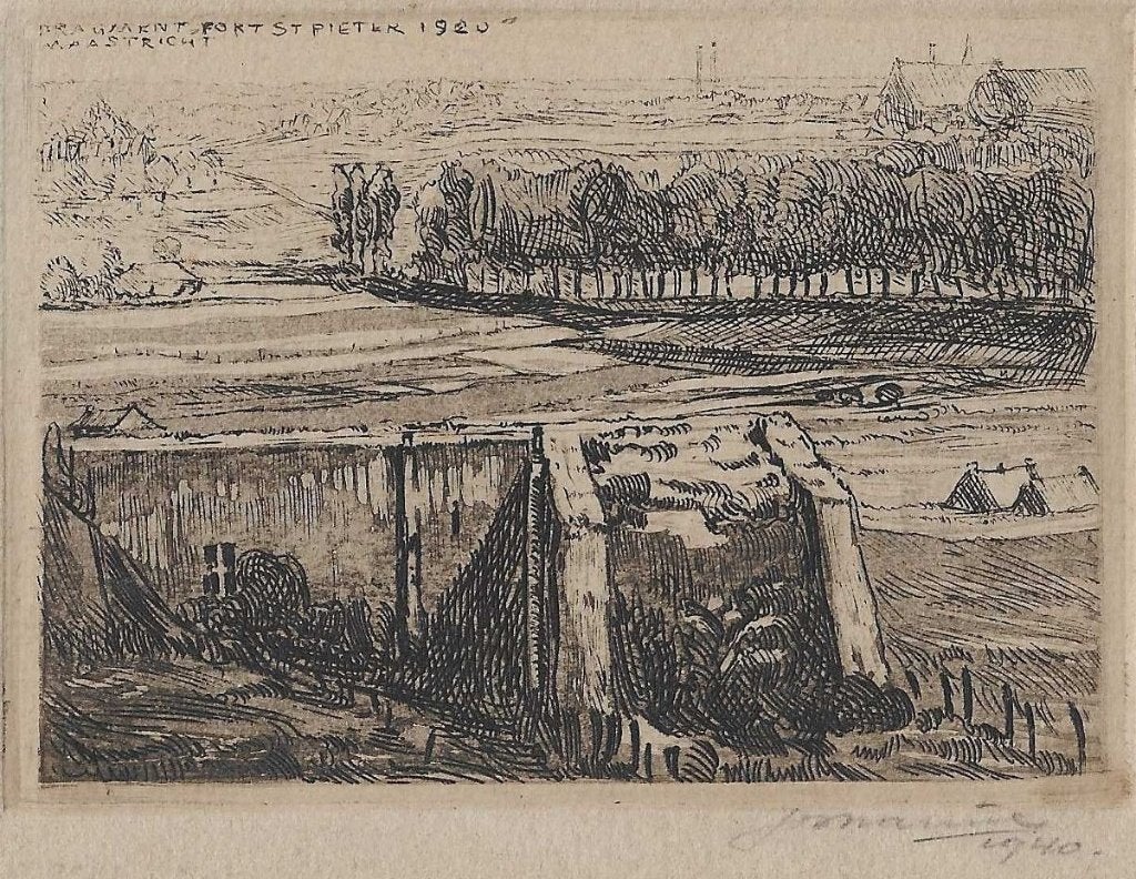 Fragment Fort St. Pieter 1920 Maastricht Ets, Antiek en Kunst, Ets, Ophalen of Verzenden, Blanco verso, 7 cm