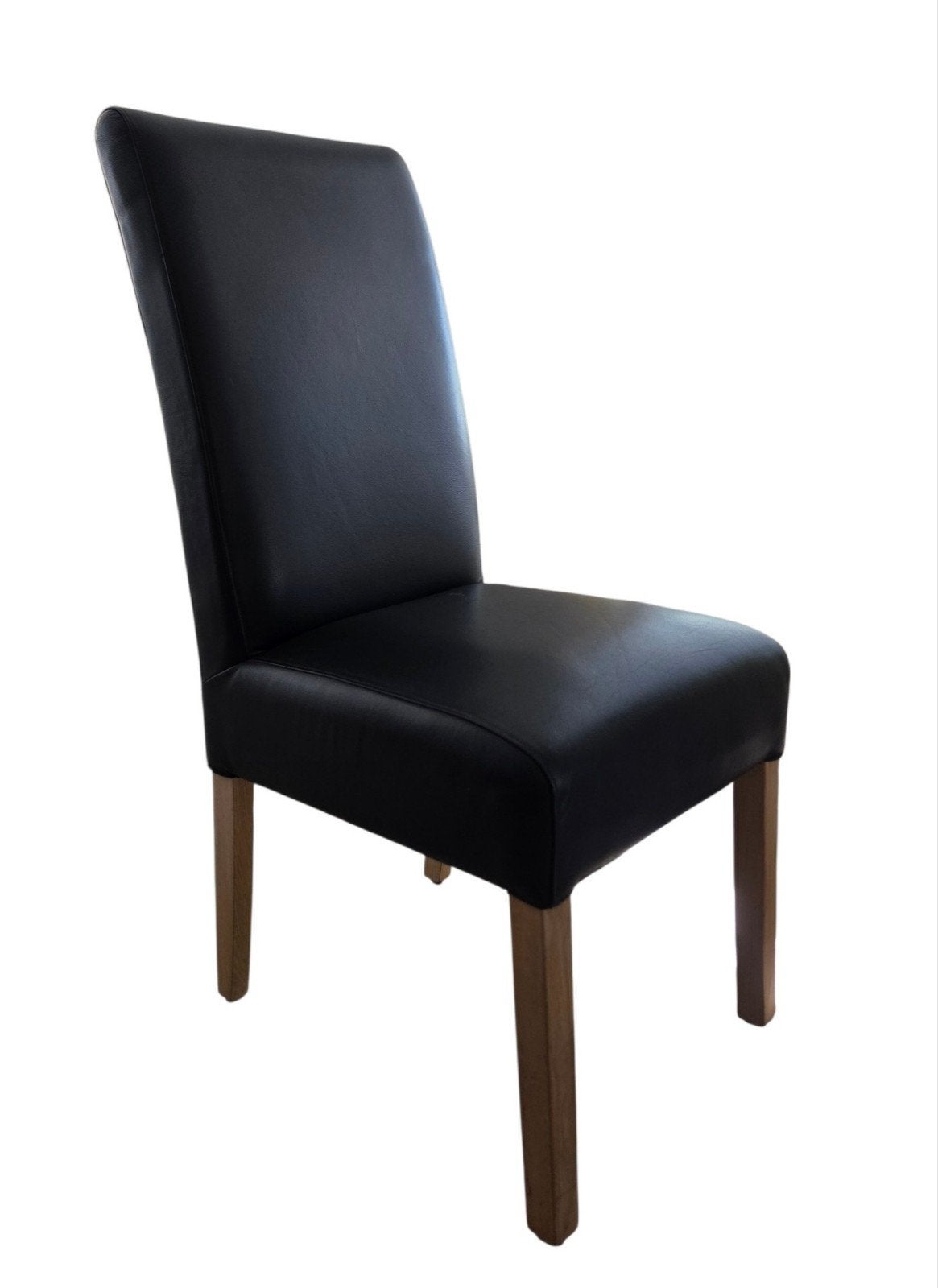 Zwarte eetkamerstoel van leer, 105 cm hoog, Huis en Inrichting, Stoelen, Ophalen, Gebruikt, Zwart, Hout
