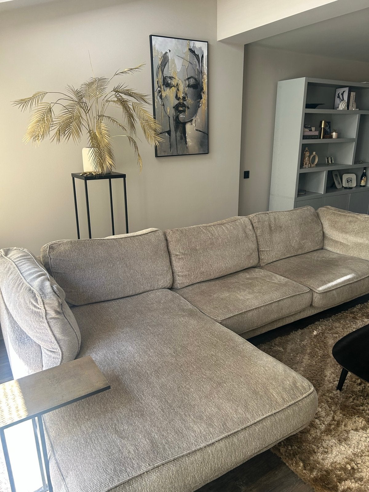 Grote beige taupe loungebank - Hoekbank, Huis en Inrichting, Banken | Bankstellen, Gebruikt, Hoekbank, 300 cm of meer, Ophalen of Verzenden