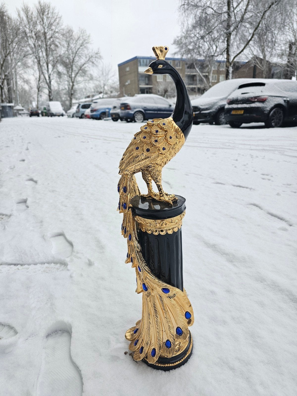 Prachtige Pauw Decoratiebeeld Zwart Goud Blauw, Ophalen, Meerkleurig, Kunststof, Klassiek