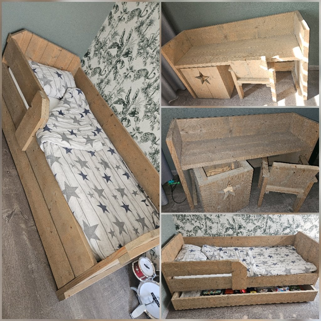 steigerhoutbed met lade en bijpassend bureau, Ophalen, 50 tot 70 cm, 105 cm of meer, Zo goed als nieuw