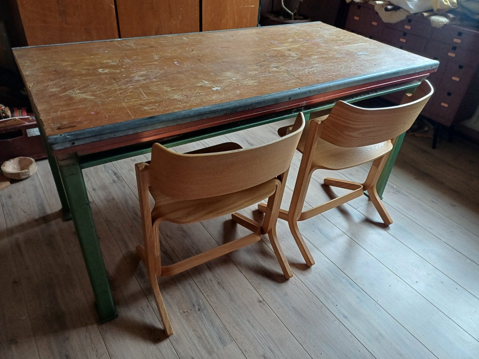 vintage werkbank/werktafel staal en hout, Ophalen, Gebruikt, Bankschroef