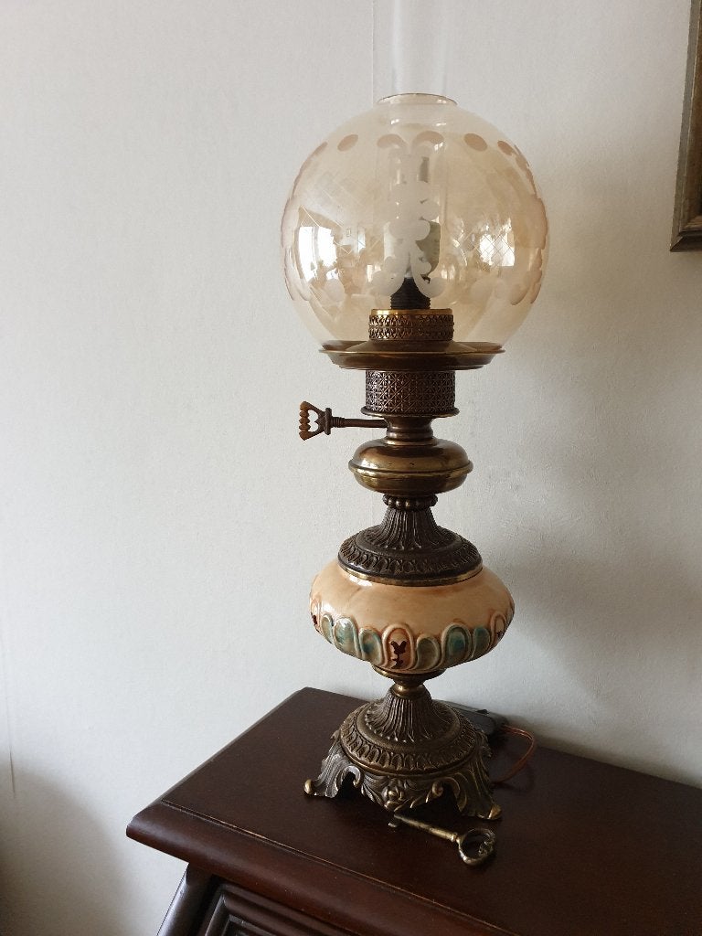 Koperkleurige schemerlamp(olielampmodel) met porseleinen bol, Ophalen, Gebruikt, Olielamp, Meerkleurig