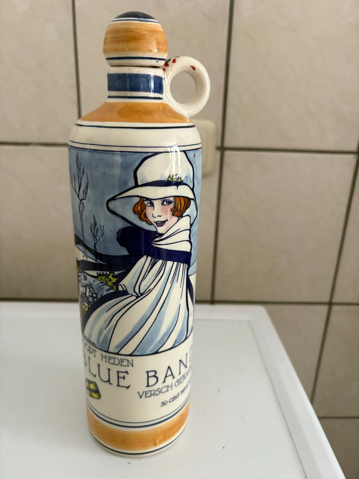 Vintage keramische fles met dame en tekst 'Blue Band', Ophalen of Verzenden