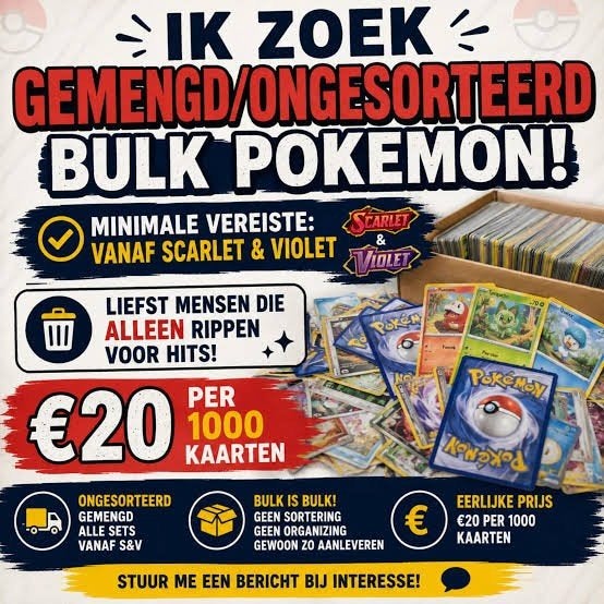 Gezocht: Gemengde/ongesorteerde Pokémon bulk kaarten, Hobby en Vrije tijd, Ophalen of Verzenden, Gebruikt, Meerdere kaarten