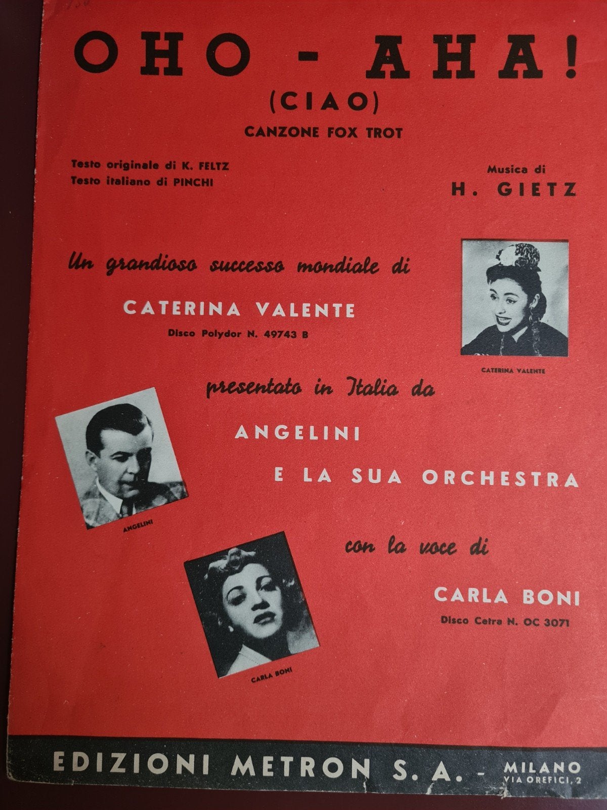Vintage bladmuziek "Oho - Aha! (Ciao)" - Caterina Valente, Zang, Gebruikt, Ophalen of Verzenden, Artiest of Componist