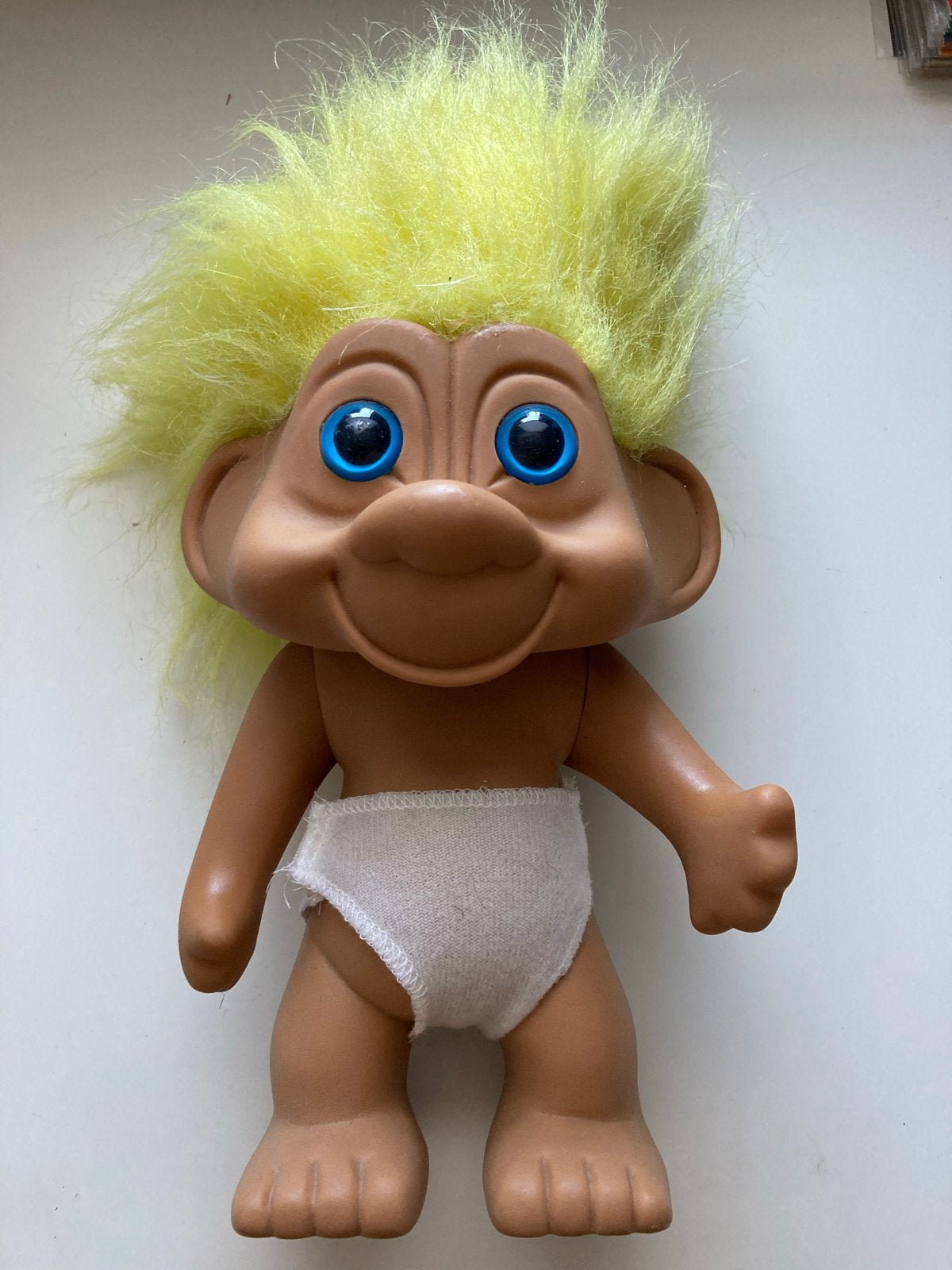 Vintage Troll met geel haar en blauwe ogen, Verzamelen, Speelgoed, Ophalen of Verzenden, Gebruikt