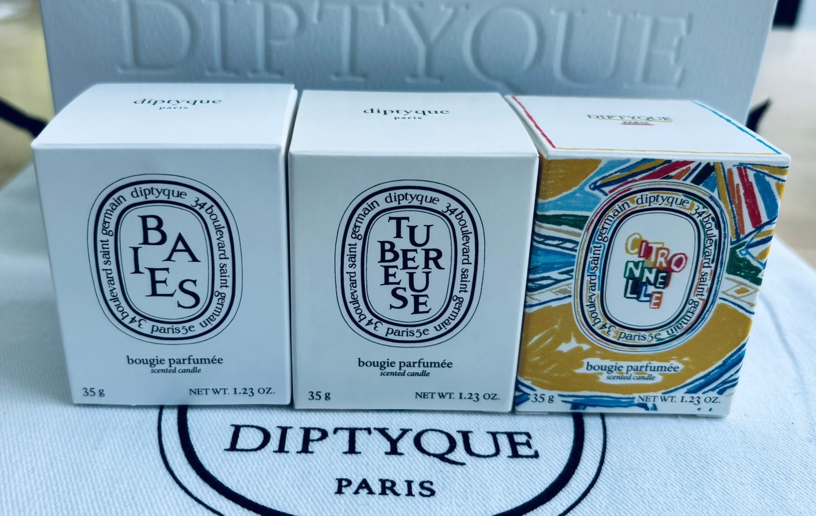 Diptyque 3 mini kaarsen 35gr Tubereuse, Baies,Citronnelle, Verzenden, Nieuw, Overige materialen, Minder dan 25 cm