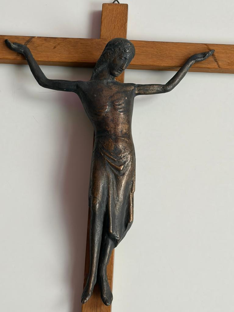 Modernist Bronze & Oak Crucifix, Ophalen of Verzenden