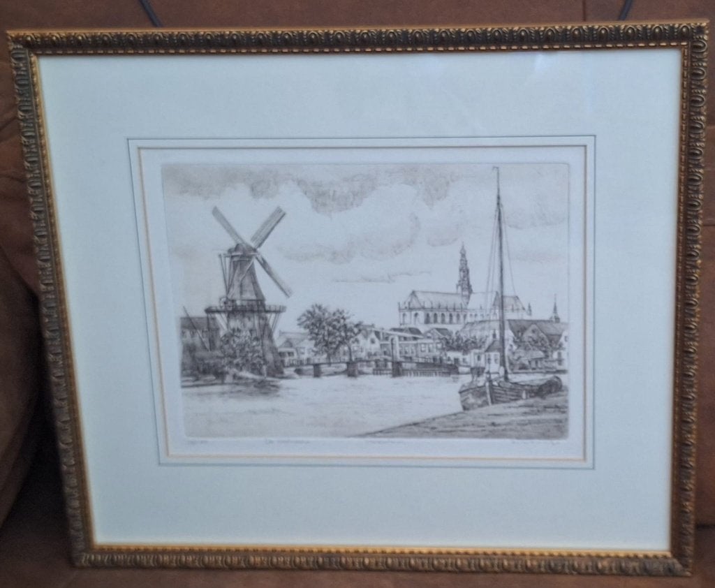 Ets Molen De Adriaan Haarlem – Albertus Wieringa 1998”)., Ophalen, Stadsgezicht, 42 cm, 37 cm
