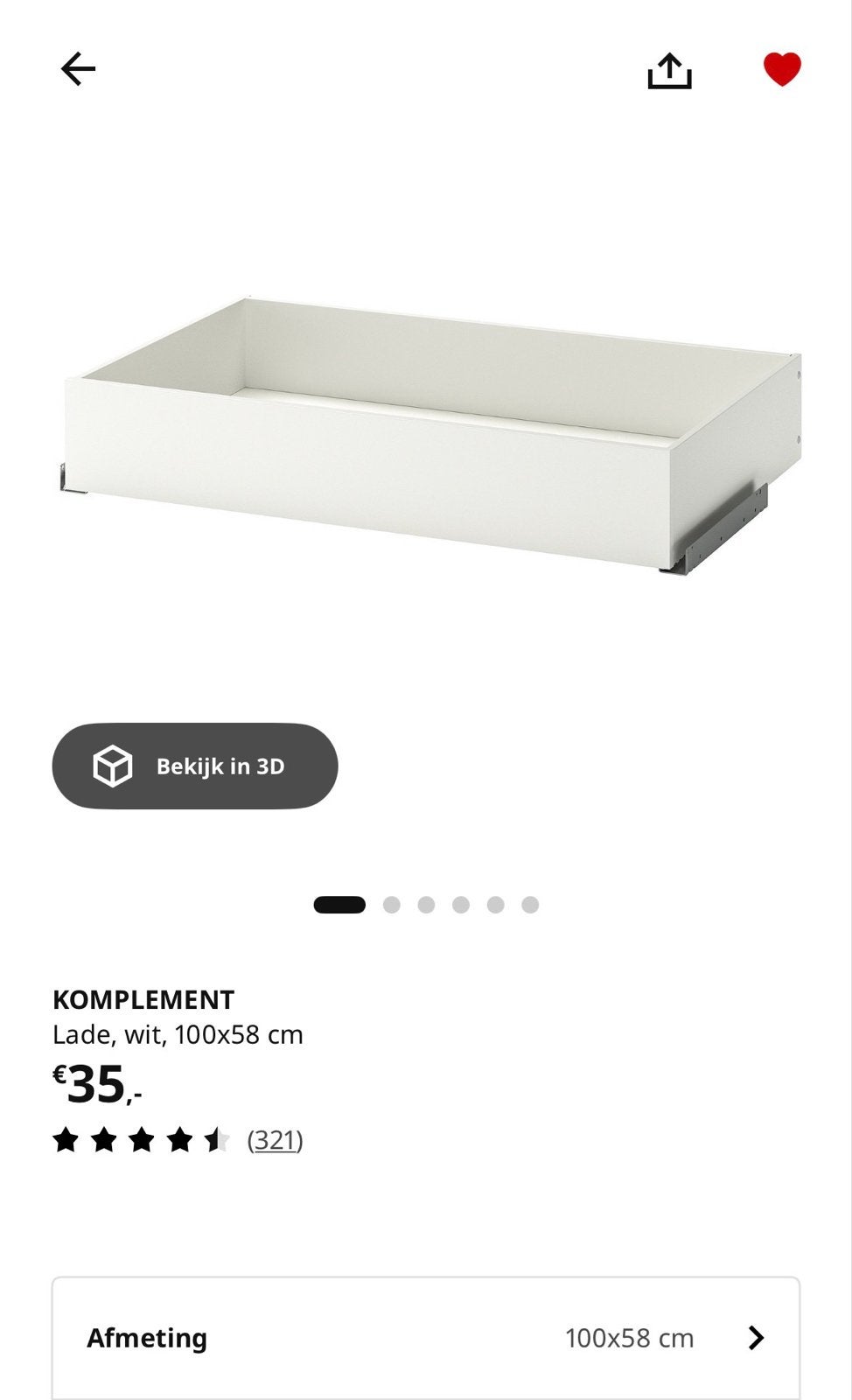 IKEA KOMPLEMENT Lade wit 100x58 cm voor PAX kast, Ophalen, Overige materialen, Gebruikt, 5 laden of meer
