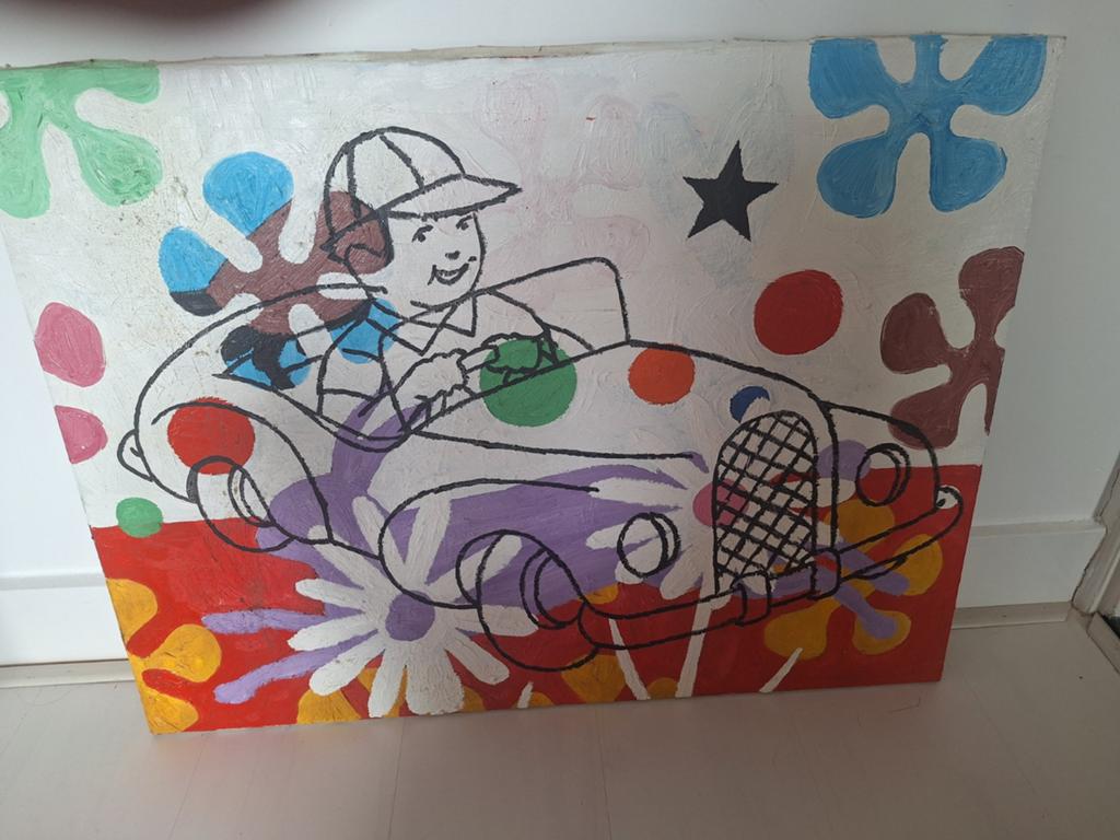 Ramon Jan Vet - Olieverfschilderij "Konijn Auto", Antiek en Kunst, Ophalen of Verzenden