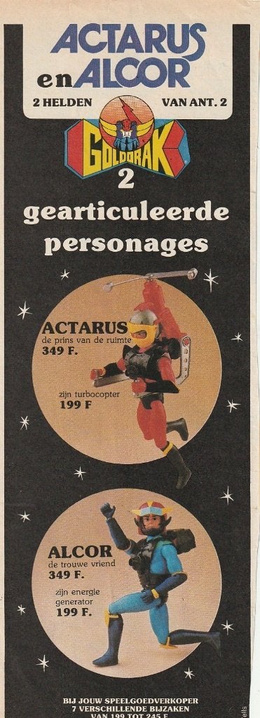 Retro reclame 1980 Actarus & Alcor speelgoed Goldorak popjes, Verzenden, Overige typen