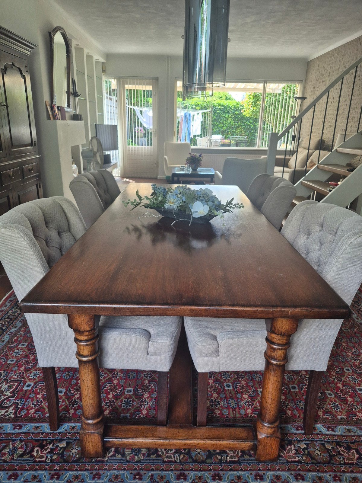 Massieve tafel en 4 beklede eetkamer stoelen, Huis en Inrichting, Stoelen, Ophalen, Gebruikt, Overige kleuren, Vier