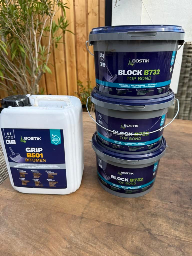 Bostik grip B501 bitumen primer en block B732 koudlijm, Ophalen, Overige materialen, Zwart, Zo goed als nieuw