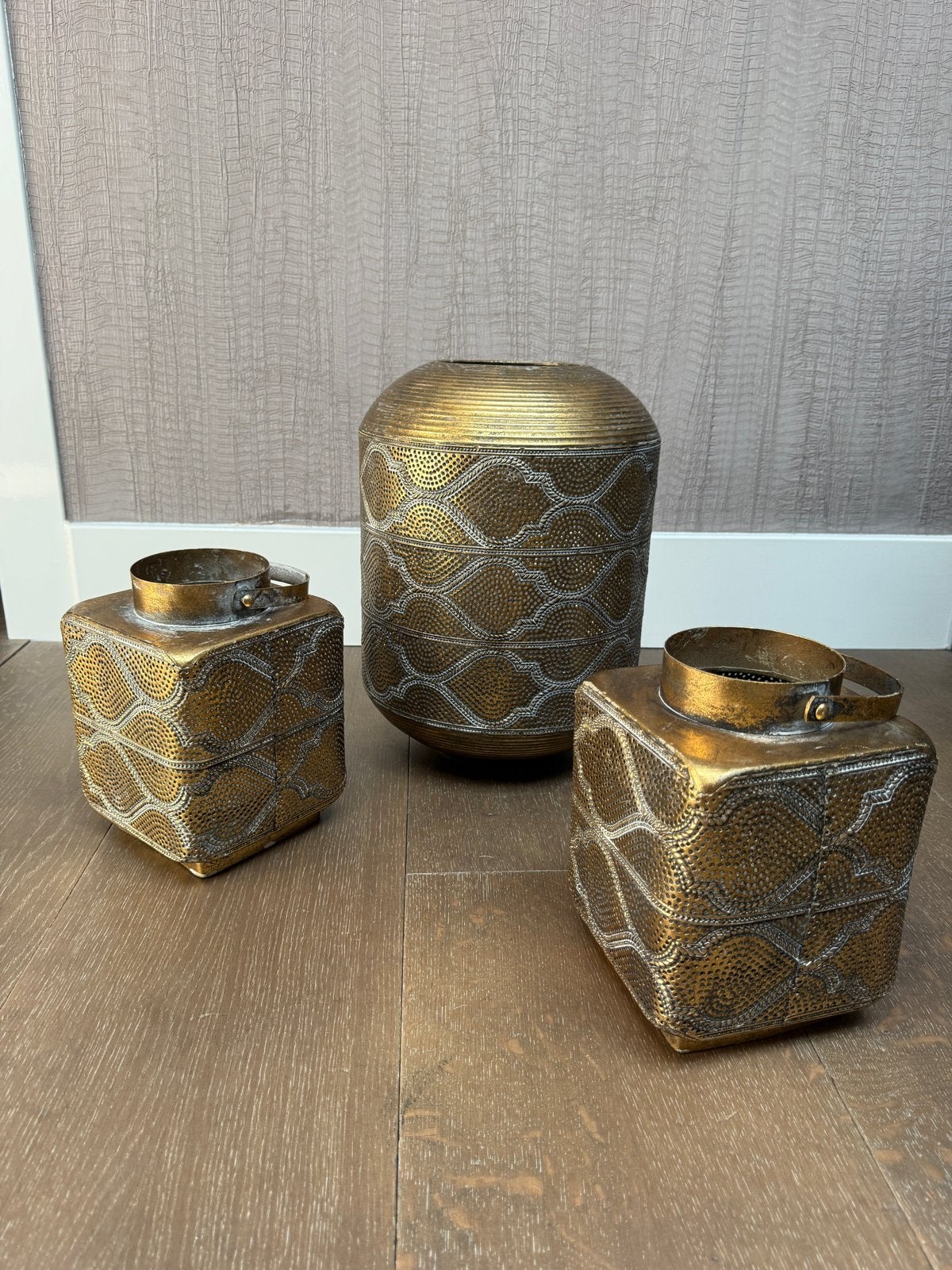 Set van 3 gouden lantaarns bohemian Ibiza style, Ophalen, Lantaarn, Overige merken, Zo goed als nieuw