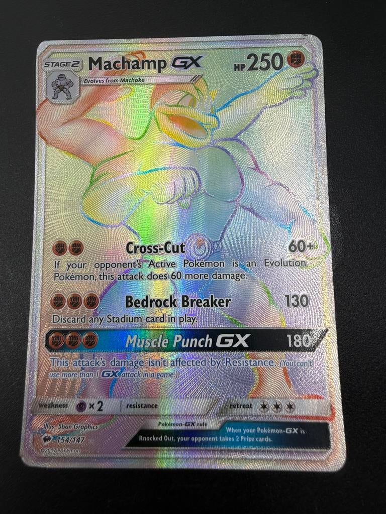Machamp GX Pokémon Kaart 154/147 Rainbow Rare, Ophalen of Verzenden, Zo goed als nieuw, Losse kaart, Foil