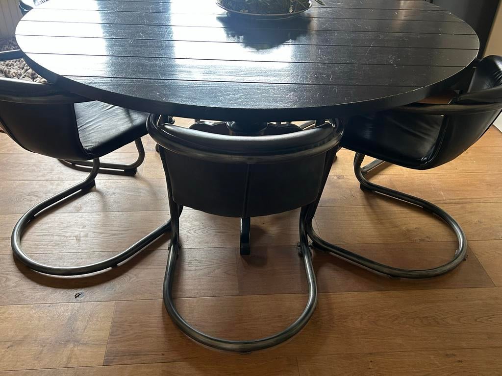 6 keukenstoelen zwart leer, Ophalen, Gebruikt, Zwart, Leer