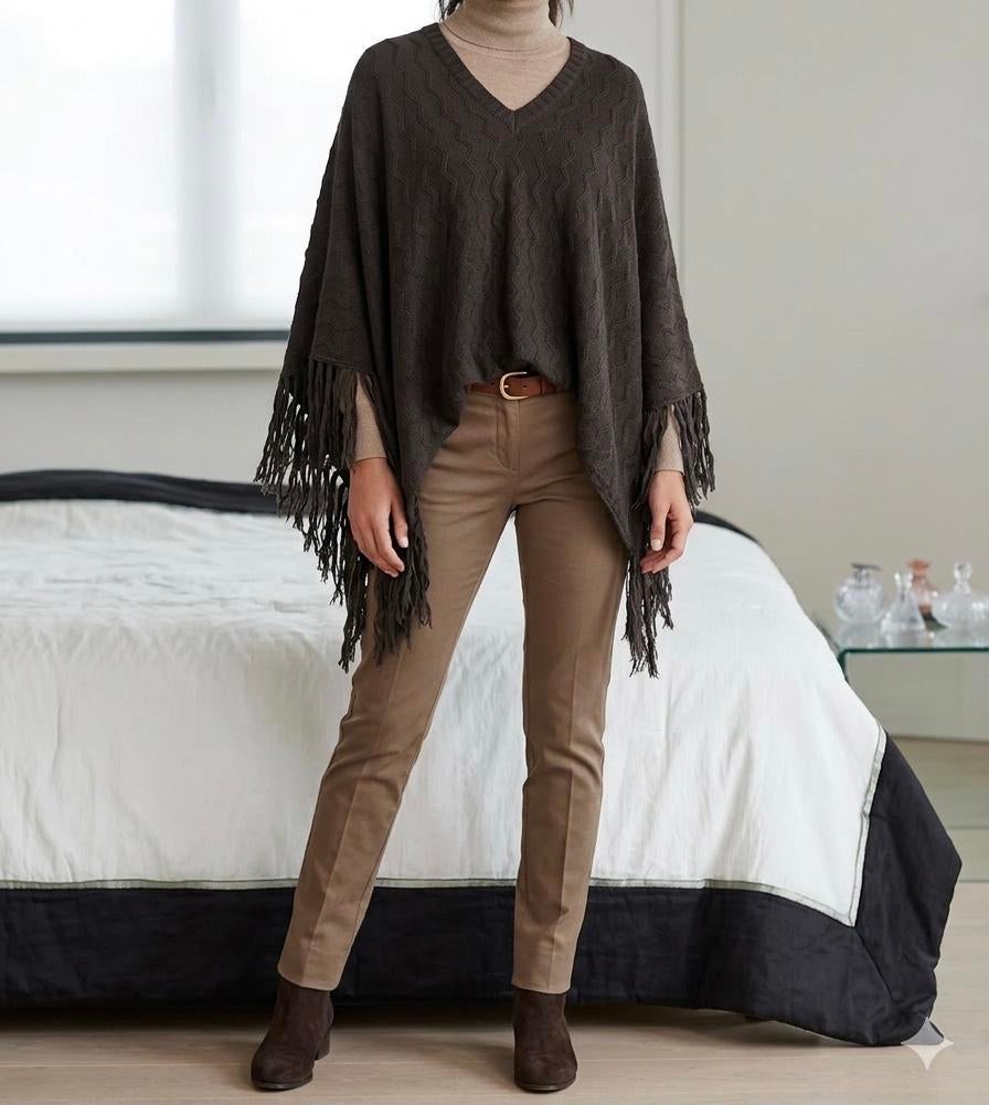 Prachtige Boho Poncho met Franjes | One size, Kleding | Dames, Ophalen of Verzenden, Zo goed als nieuw, Maat 38/40 (M), Grijs
