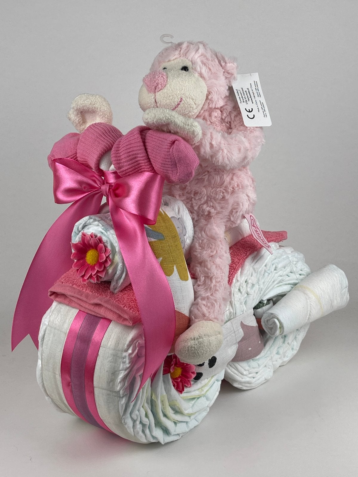 Luiertaart Motor Roze met Knuffel - Kraamcadeau Meisje, Kinderen en Baby's, Ophalen of Verzenden, Nieuw, Kraamcadeau
