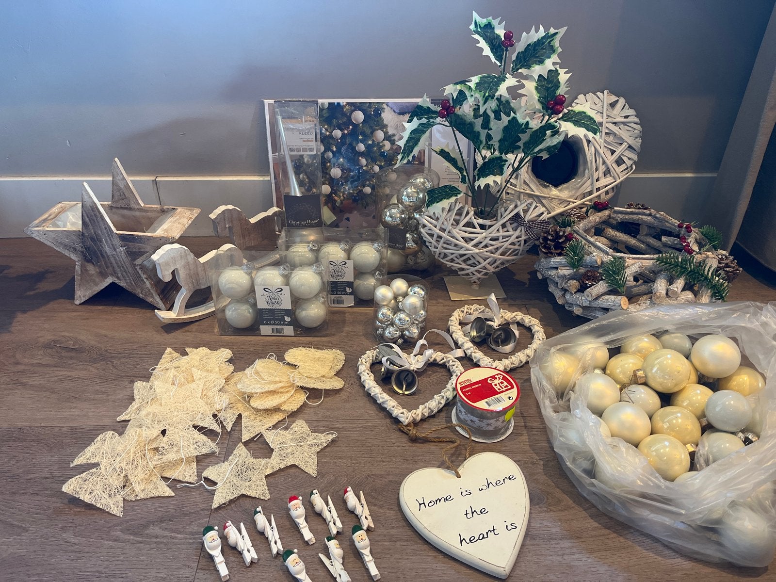 Complete partij kerstdecoratie wit, zilver & naturel, Diversen, Kerst, Ophalen, Zo goed als nieuw