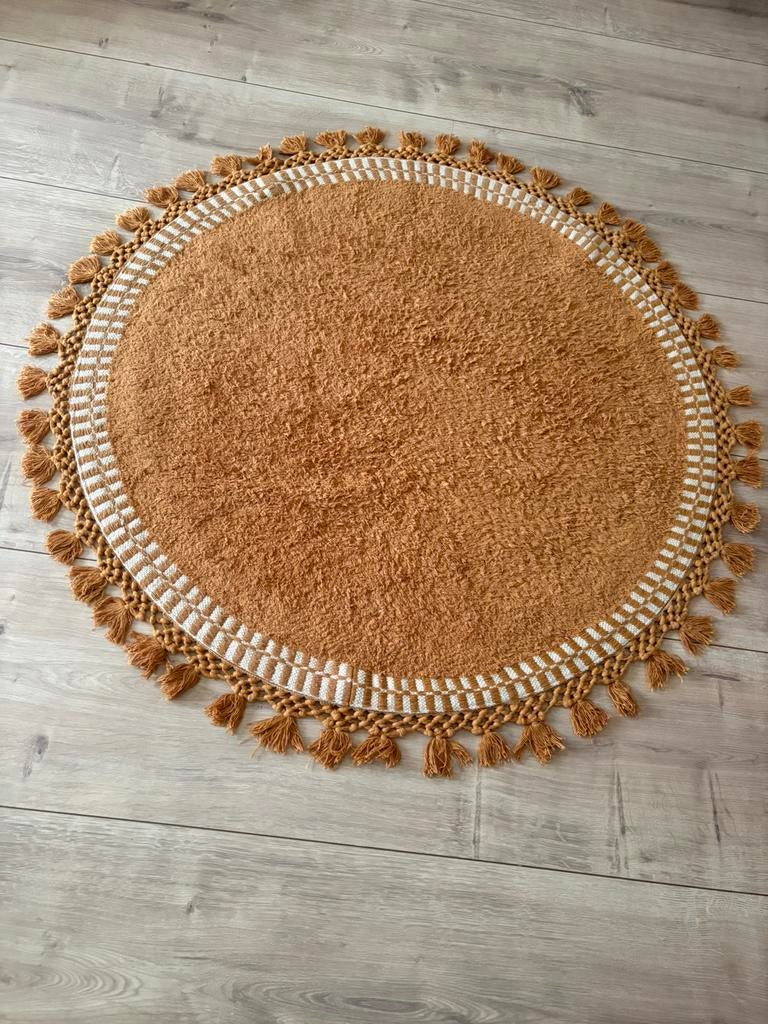 Rond vloerkleed met franjes, Ophalen of Verzenden, Zo goed als nieuw, Rond, 100 tot 150 cm