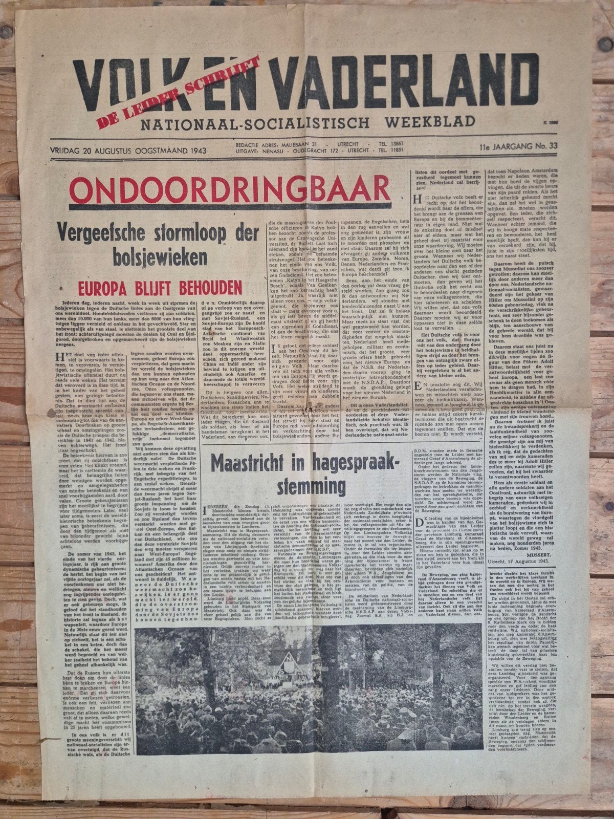 Volk en Vaderland - 20 Augustus 1943 - Oorlogskrant, Verzamelen, Ophalen of Verzenden, Overige typen