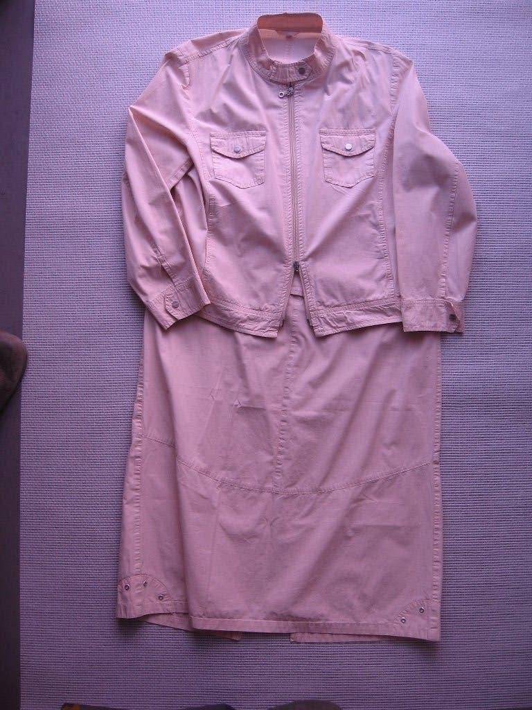 Tweedelig katoenen set, rok en jasje, Kleding | Dames, Kostuum of Pak, Beige, Maat 42/44 (L), Ophalen of Verzenden