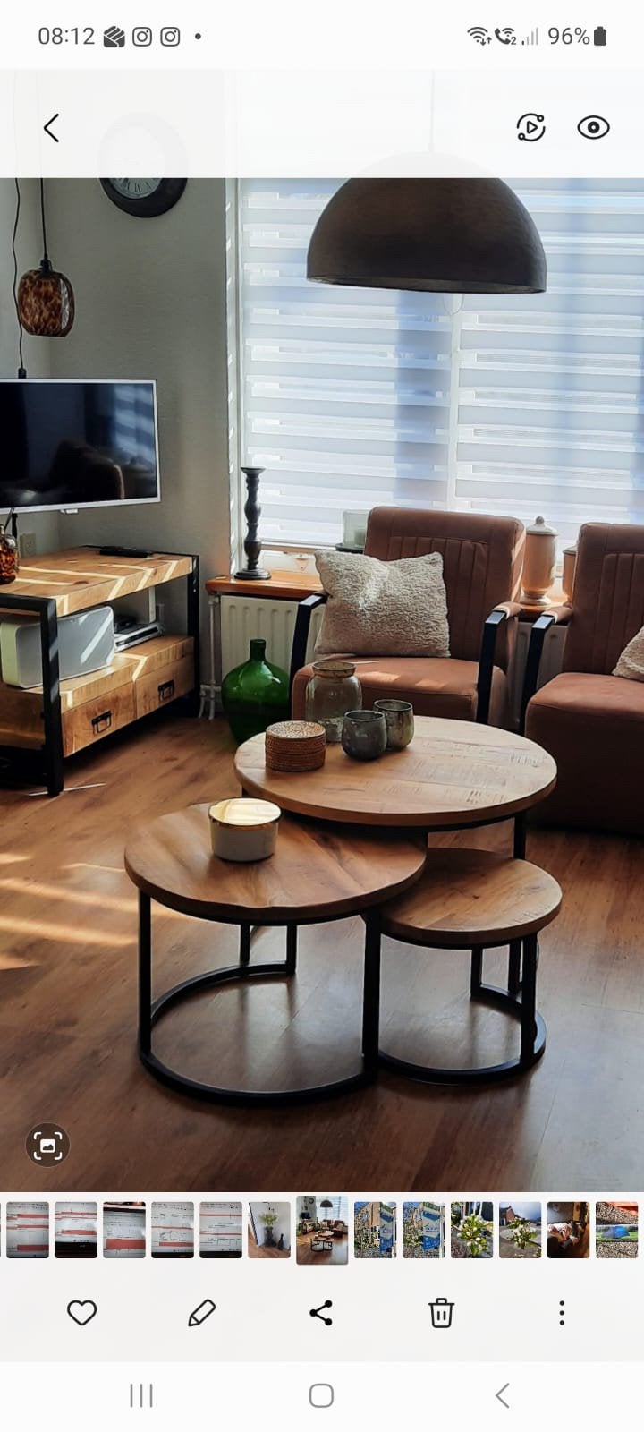 Tafel set massief mango hout met staal, Ophalen, Zo goed als nieuw, Rond, 50 tot 100 cm