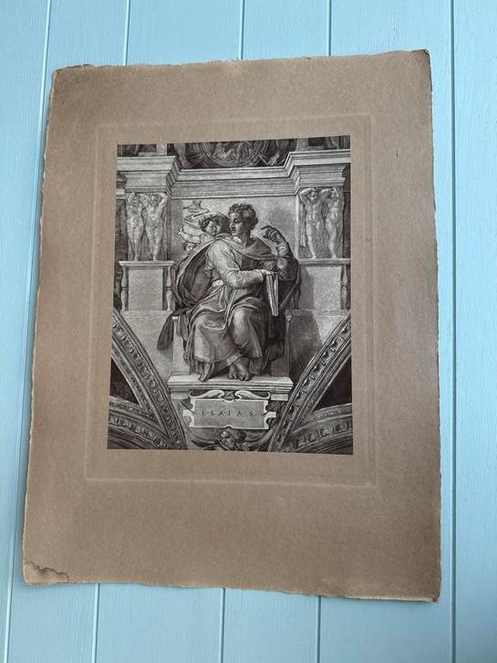 Vintage religieuze kunstdruk - Profeet Jesaja (Michelangelo), Overige technieken, Religie, Ophalen of Verzenden, Met passe-partout