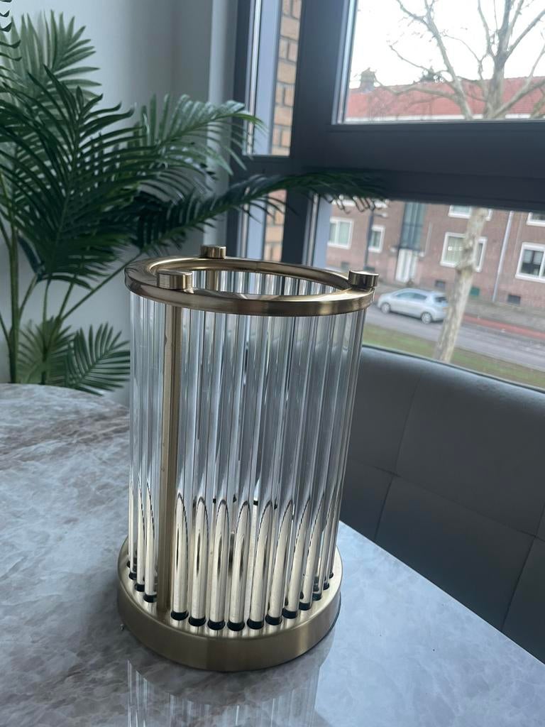 Windlicht goud met glas candle holder gold glass vazen vaas, Ophalen of Verzenden, Zo goed als nieuw, Overige materialen
