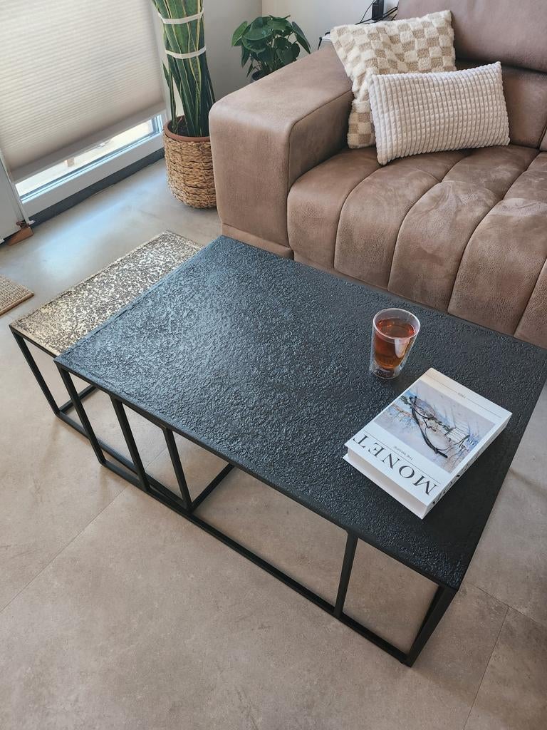 Set van 2 moderne salontafels: zwart & goud, metalen frame, Ophalen, Gebruikt, 50 tot 100 cm, Modern, Industrieel