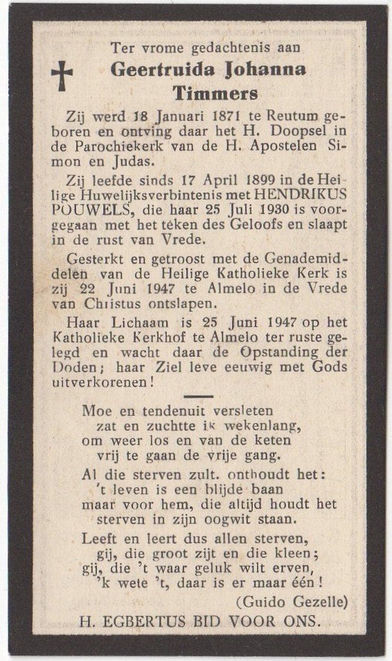 Geertruida Joh. Timmers 1871 Reutum + 1947 Almelo, 76 jaar, Verzamelen, Bidprentjes en Rouwkaarten, Verzenden