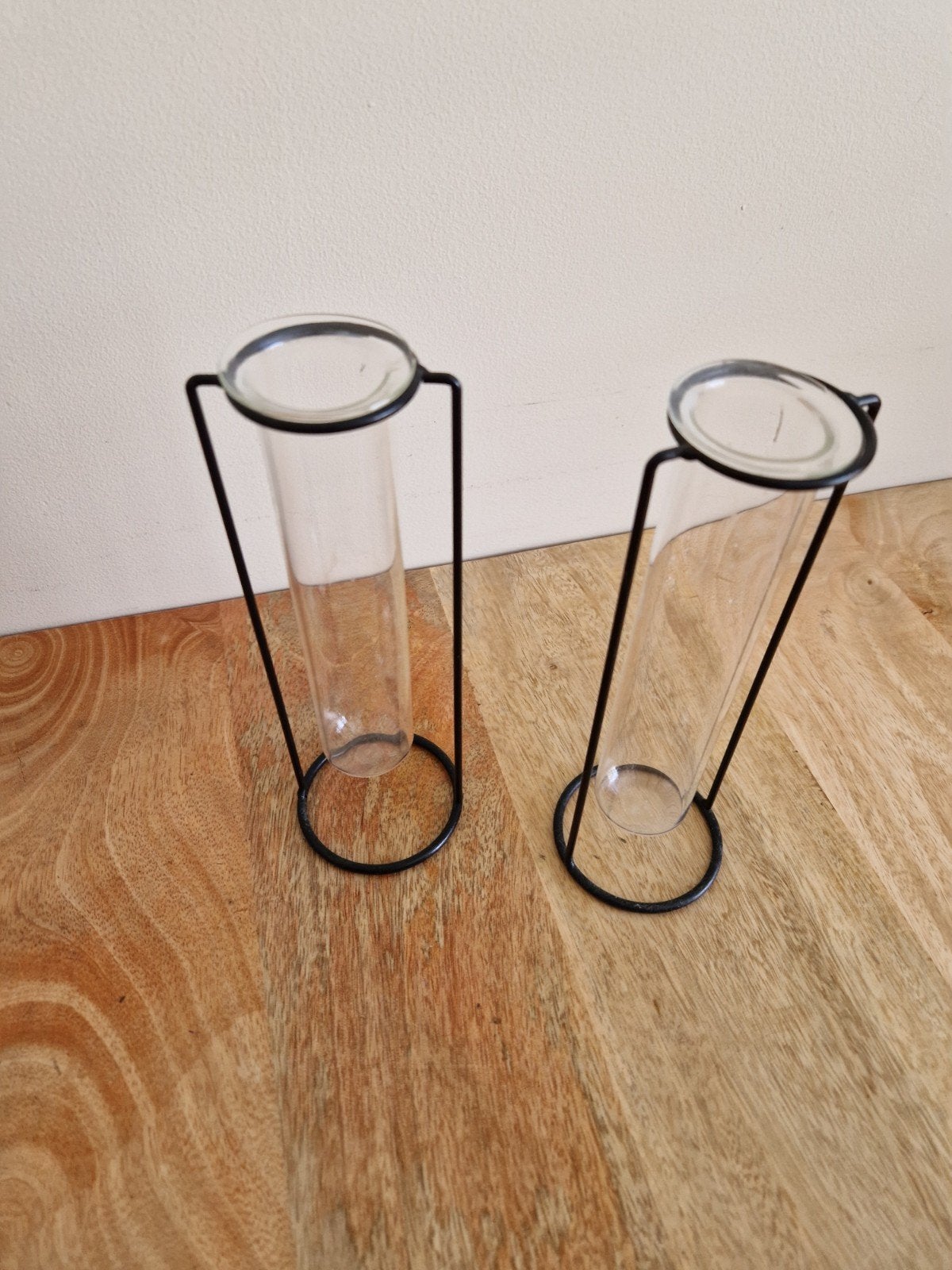 Set van 2 glazen vazen in metalen houder, Ophalen, Zo goed als nieuw, Transparant, Glas