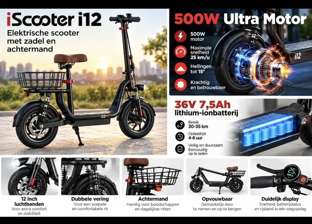 iScooter i12 Elektrische Scooter - 500W - Met Zadel & Mand, Ophalen of Verzenden, Nieuw