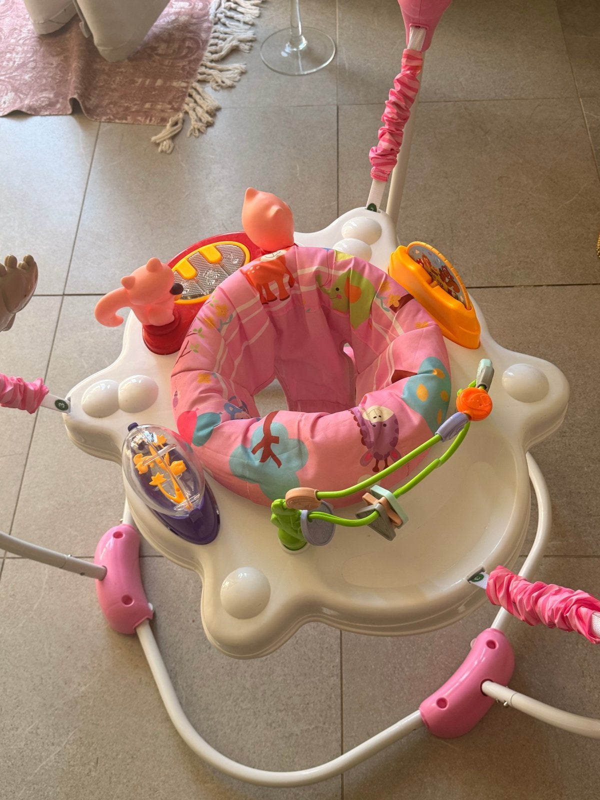 Baby jumper/activity center - Roze met dierenprint, Ophalen, Gebruikt