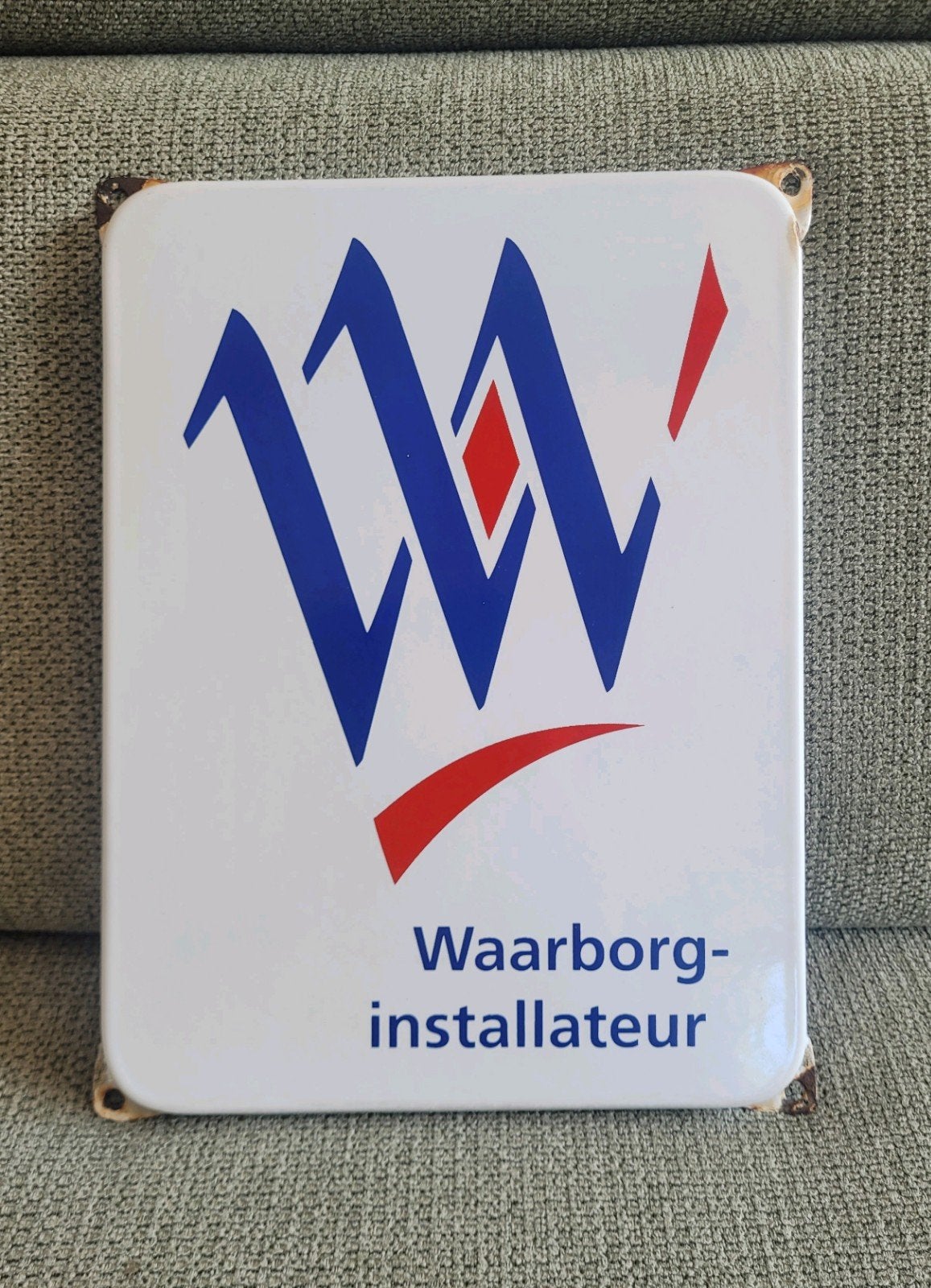 Vintage Waarborg-installateur emaille wandbord / Langcat, Antiek en Kunst, Antiek | Emaille, Ophalen of Verzenden