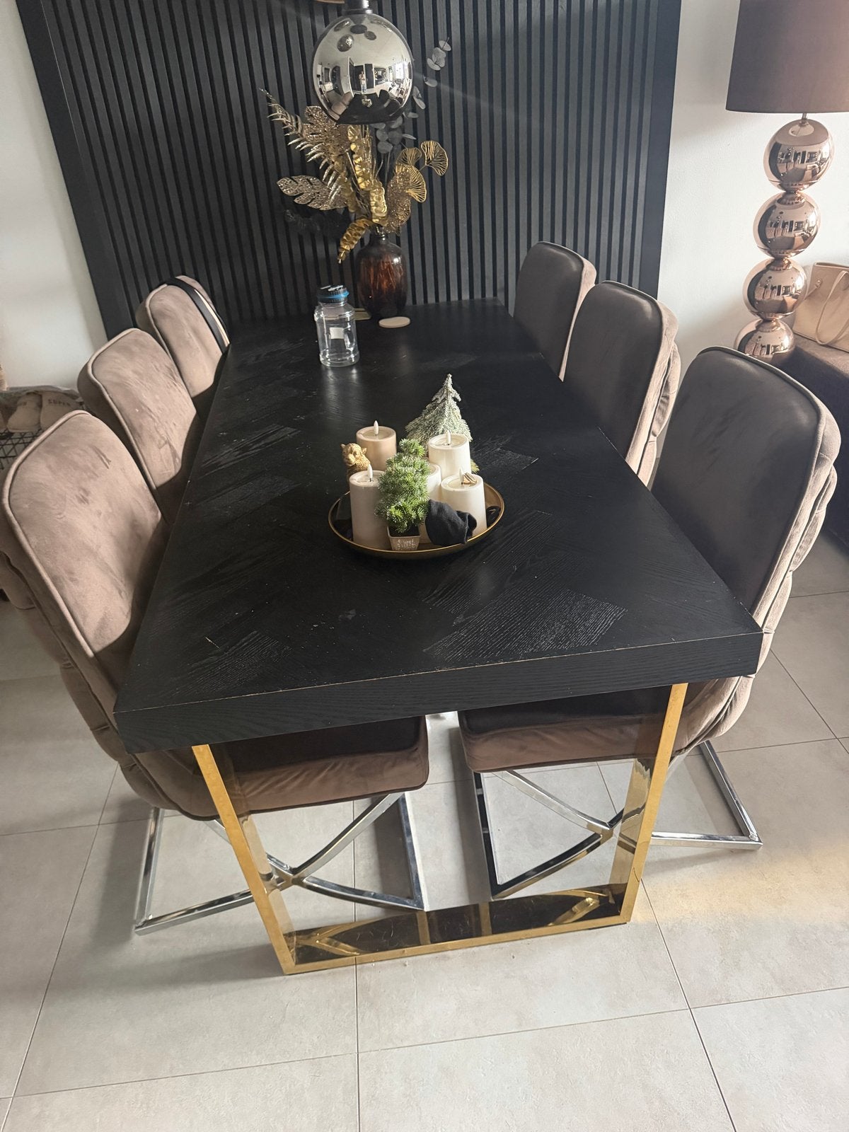 Visgraat eettafel met zwart blad en gouden onderstel, Ophalen, Gebruikt, 50 tot 100 cm, 150 tot 200 cm