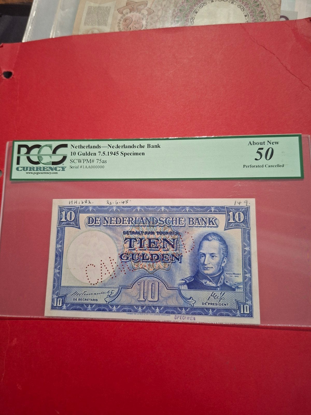 10 gulden Koning willem I SPECIMEN uit 1945 UNC gekeurd PCGS, Postzegels en Munten, Bankbiljetten | Nederland, Ophalen of Verzenden