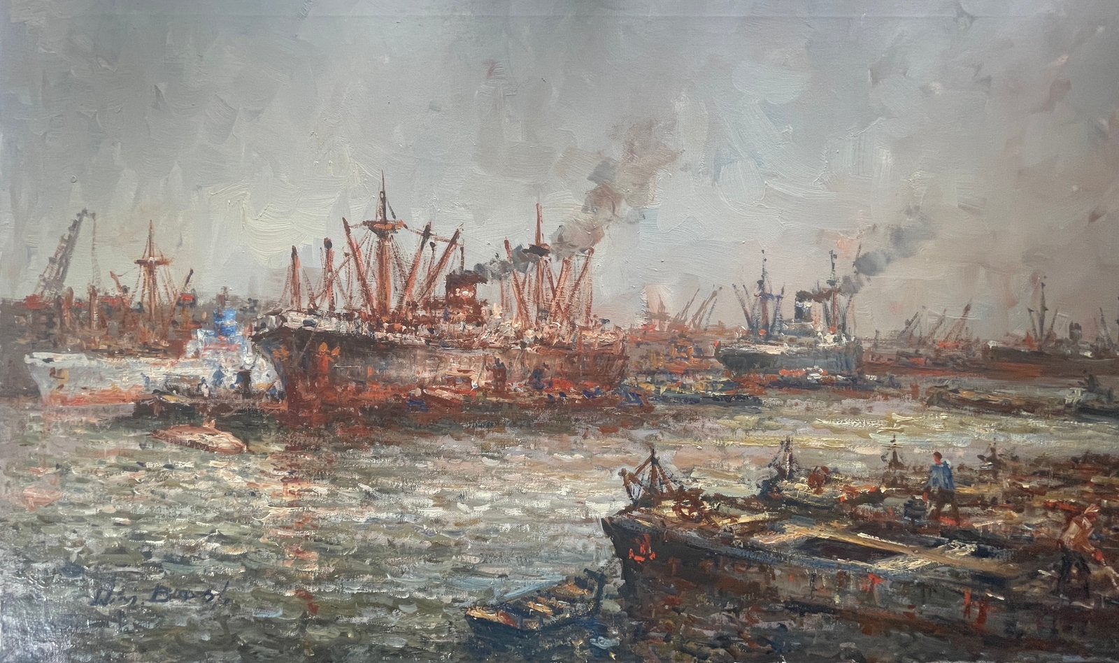 Rotterdamse haven van Willem Bos, Ophalen, Maritiem / water, Overige stijlen, Doek
