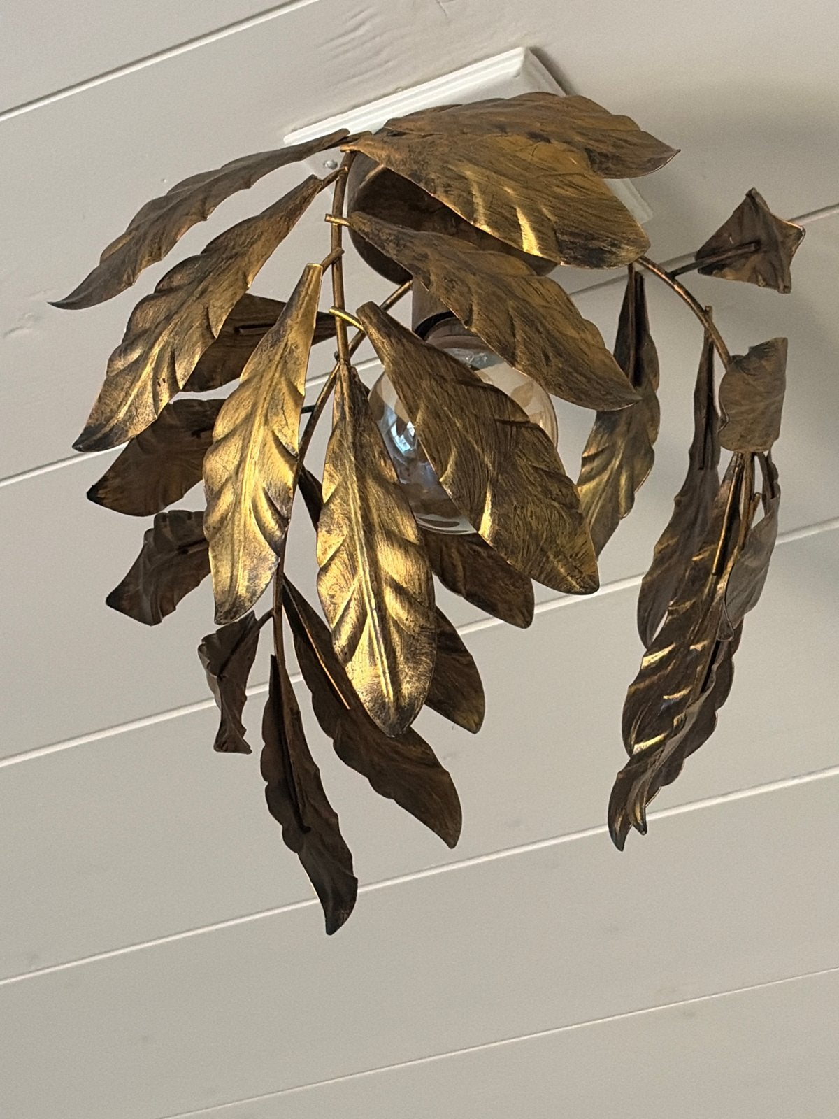 Gouden Blad Plafondlamp - Vintage Stijl, Huis en Inrichting, Lampen | Plafondlampen, Ophalen, Gebruikt, Vintage, E27 (groot)