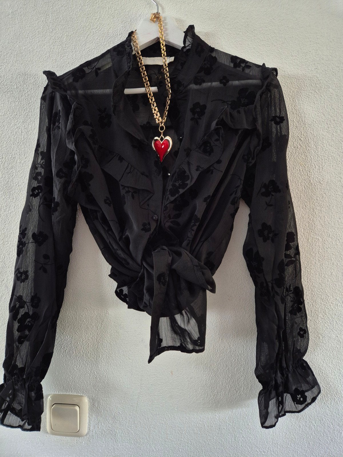 Romantisch sheer blousje ruches flowers  m, Verzenden, Nieuw, Maat 38/40 (M), Zwart