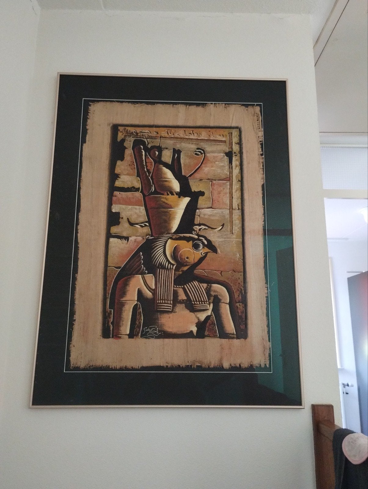 Ingelijst Egyptisch schilderij met Horus, Antiek en Kunst, Kunst | Niet-Westerse kunst, Ophalen, Schilderij, Papier/karton, Meerkleurig