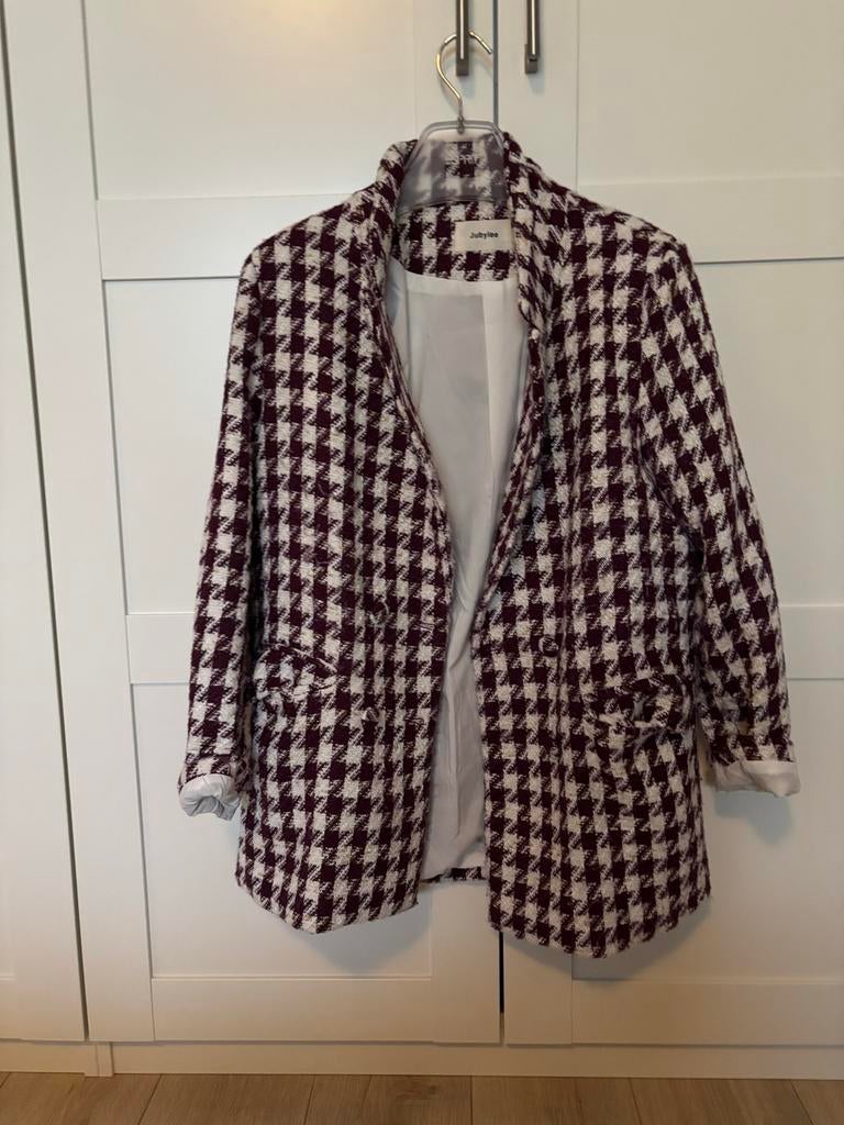 Blazer van Jubylee, geruit bordeaux/wit met goud, Kleding | Dames, Maat 38/40 (M), Ophalen of Verzenden, Zo goed als nieuw, Jasje